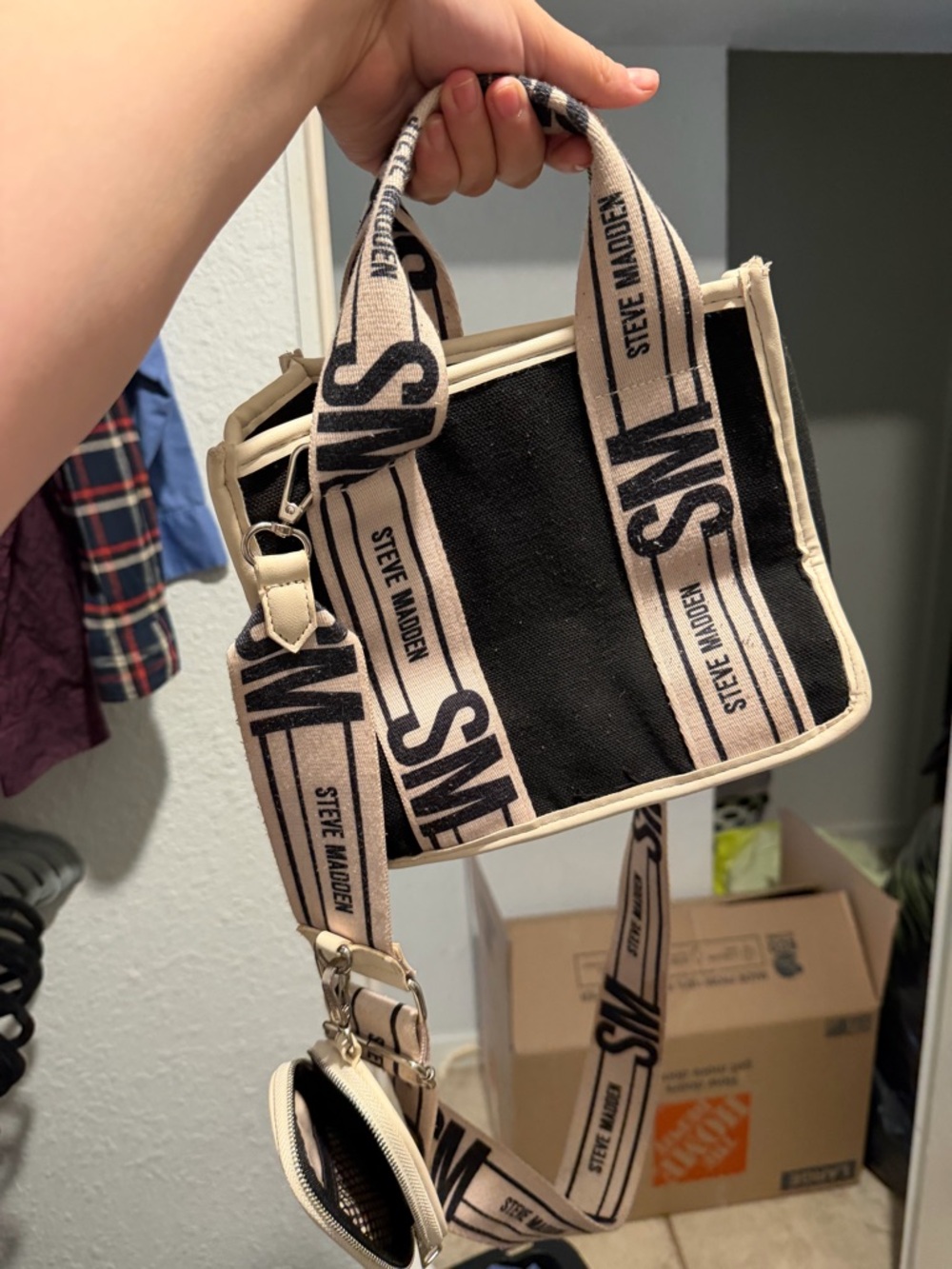 Steve Madden Black Canvas Mini Crossbody with Branded Cream Strap